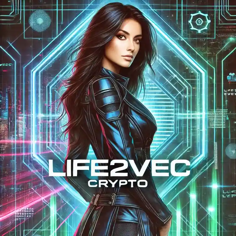 A woman in a sleek black outfit stands confidently against a geometric digital background with neon colors and technology elements. 