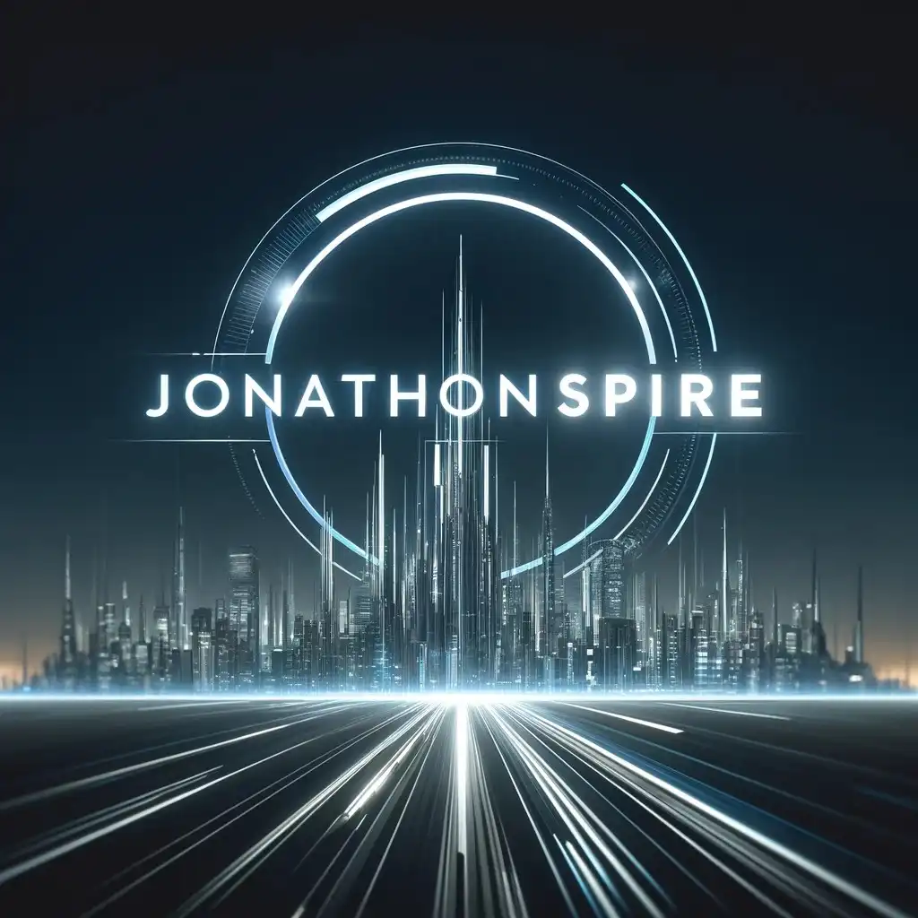 Futuristic city skyline with bright blue lights and the text 'JONATHONSPIRE' at the center. 