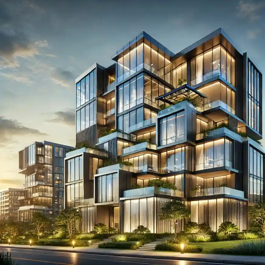 Modern apartment building with glass facades, lush greenery, and warm lighting at dusk.