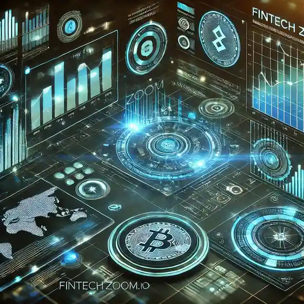 Digital dashboard with cryptocurrency icons, graphs, and data analytics visuals. 