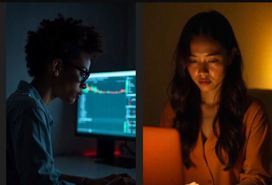 A woman works on a computer with a graph on the screen, while another woman looks at her laptop, illuminated by its light. 