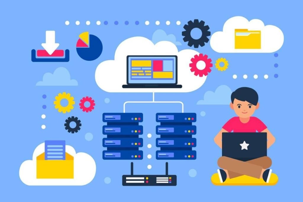 A young boy with a laptop sits cross-legged, surrounded by cloud icons, servers, and gears.