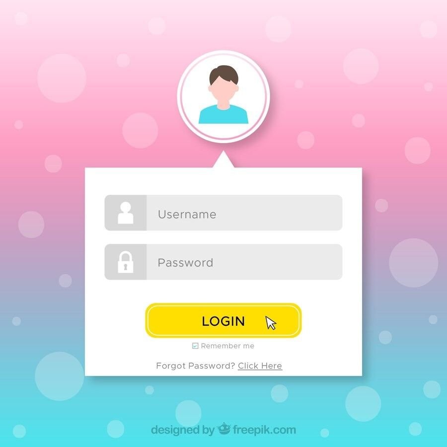 Login form with fields for username and password on a pink and blue background.
