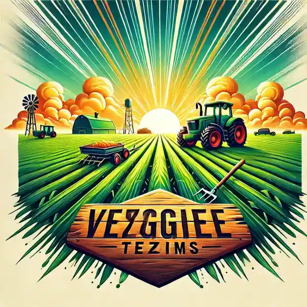 A colorful farm scene with a tractor, farm tools, and a sunset over green fields.