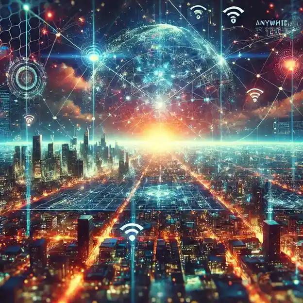 A futuristic cityscape with glowing lights, network lines, and Wi-Fi symbols under a colorful sunset.
