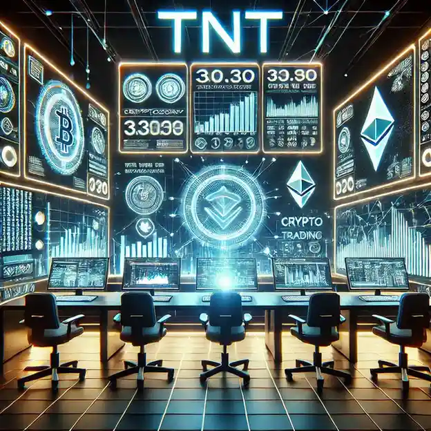 A futuristic trading room with screens displaying crypto information and graphs.