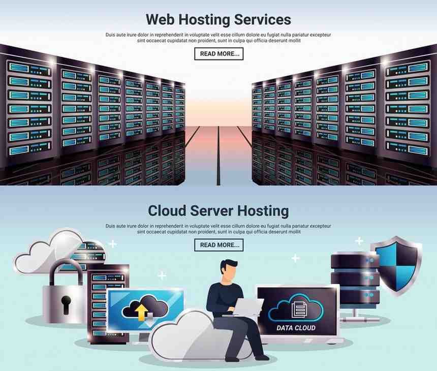Graphic of web hosting services with server racks above, and cloud hosting features like a person using a laptop below.